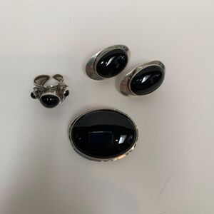 Black Onyx Sterling Silver Earrings, Oval Pin and Ring
